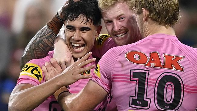 TOWNSVILLE, AUSTRALIA - MAY 10: Blaize Talagi of the Panthers celebrates after scoring a try during the round 10 NRL match between North Queensland Cowboys and Penrith Panthers at Queensland Country Bank Stadium, on May 10, 2025, in Townsville, Australia. (Photo by Ian Hitchcock/Getty Images)