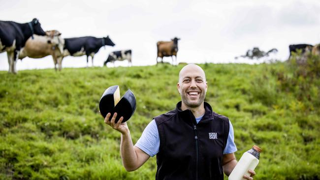 Simon Schulz, owner of Schulz Organic Dairy, with his products. Picture: Nicole Cleary.