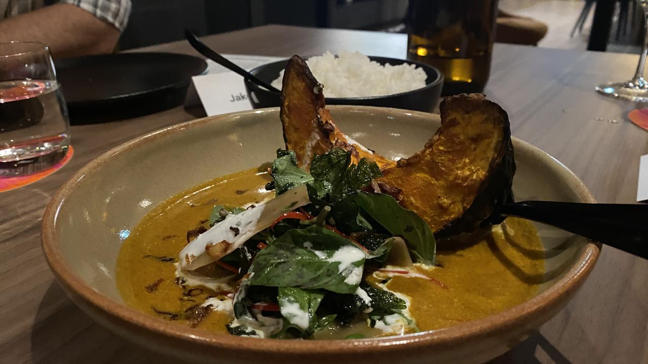 Yellow curry with spiced pumpkin, shallot, thai basil and pickled ginger. Picture: Grace McKinnon