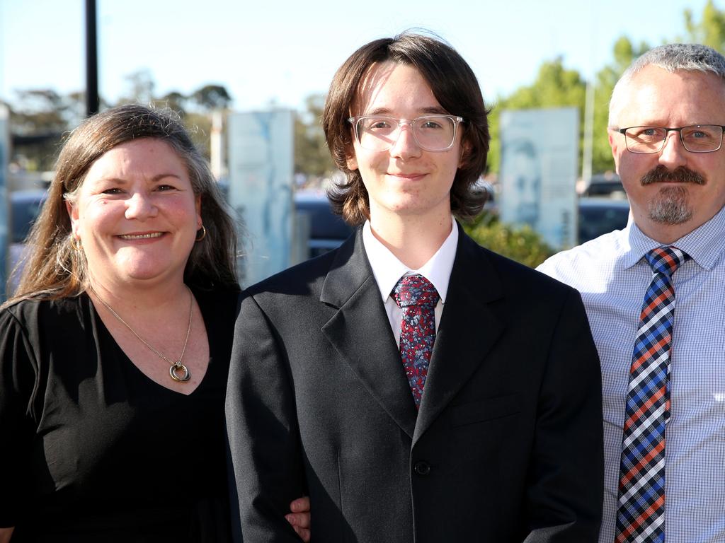 Geelong High graduation at GMHBA Stadium. Sarah, Mitchell and Damien Wilson. Picture: Mike Dugdale