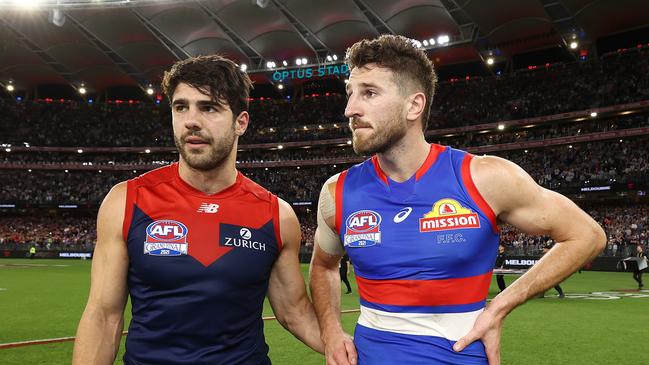 Melbourne’s Christian Petracca and Bulldogs captain Marcus Bontempelli at last year’s AFL Grand Final. Picture: Michael Klein