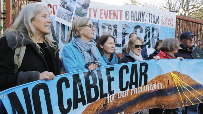 Residents at an impromptu protest at the end of McRobies Road, the new proposed site for a  cable car terminus. Picture: MATHEW FARRELL