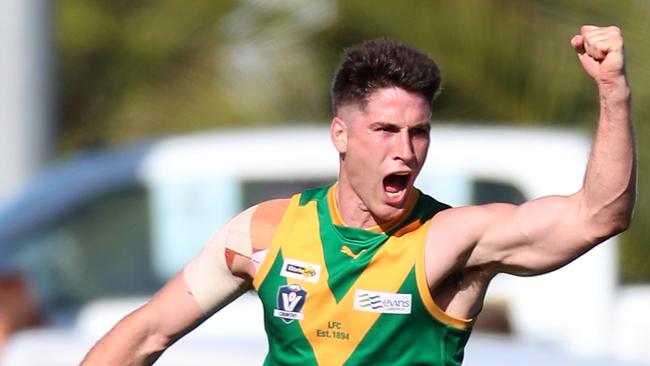 Leongatha’s Kim Drew celebrates during the Gippsland league grand final. Picture Yuri Kouzmin