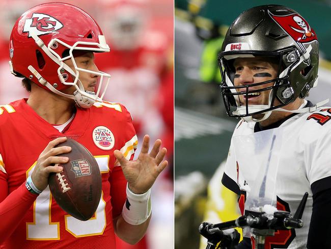 (COMBO) This combination of pictures created on January 24, 2021 shows Quarterback Patrick Mahomes #15 of the Kansas City Chiefs on December 27, 2020 in Kansas City, Missouri and quarterback Tom Brady #12 of the Tampa Bay Buccaneers on January 24, 2021 in Green Bay, Wisconsin. - The Kansas City Chiefs will face the Tampa Bay Buccaneers during Super Bowl 55 on February 7, 2021 at the Raymond James Stadium in Tampa, Florida. (Photos by JAMIE SQUIRE and Stacy Revere / GETTY IMAGES NORTH AMERICA / AFP)