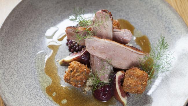 Smoked and roasted free range duck breast, croquette of confit leg, braised organic lentils, pickled cherry, fig, fennel and jus.