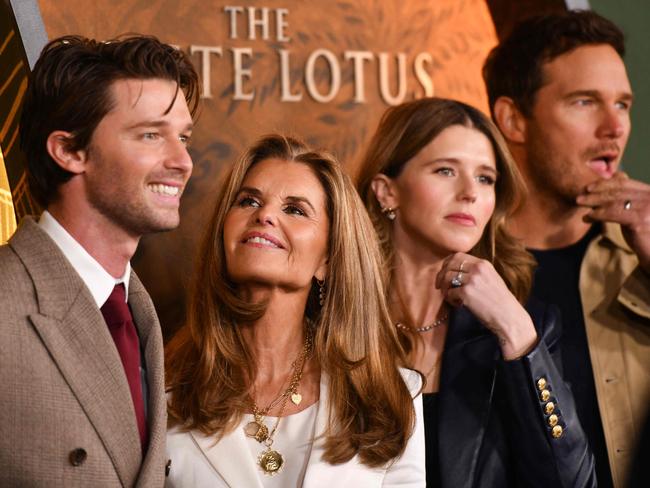 ... and with his mother Maria Shriver, sister Katherine Schwarzenegger and her husband, actor Chris Pratt. Picture: Chris Delmas/AFP