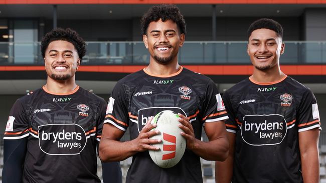 Daily Telegraph. 05, June, 2023.(Preview photo ahead their round 15 NRL game against the Titans). West Tigers, Fonua Pole, Jahream Bula and Junior Tupou, during training at Concord Oval, today.Picture: Justin Lloyd.