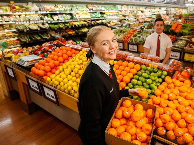 Annabelle Boyd-Turner (year 12) and Sean Comley (year 11) at North Adelaide Foodland on July 31, 2020. Picture Matt Turner.