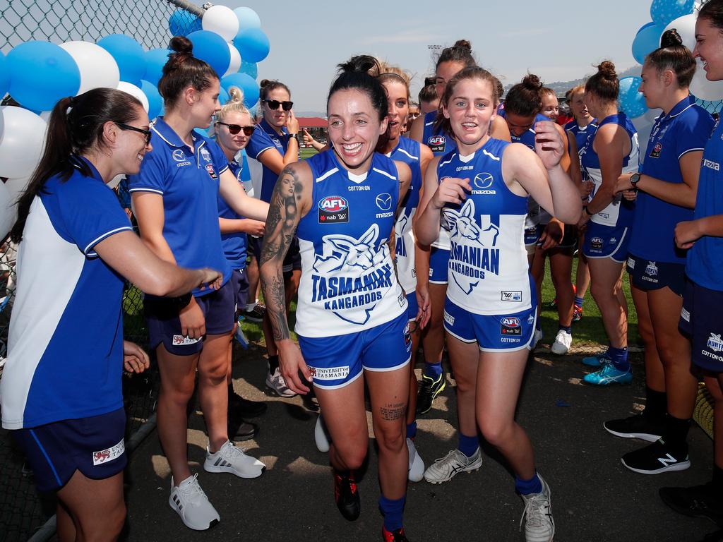 Kangaroos Jessica Trend, left, and Daisy Bateman celebrate during the AFLW Round 1 match. Picture: Adam Trafford/AFL Media/Getty Images