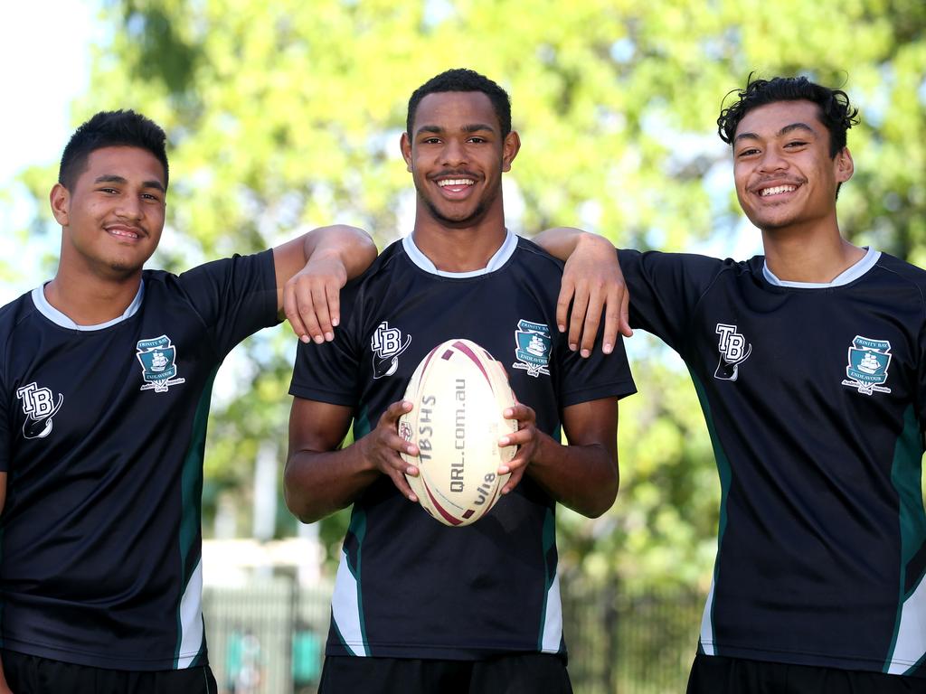 Nanai (R) and Hamiso Tabuai-Fidow (C) have been playing football together for years and their next challenge could be the Origin arena. Picture: Anna Rogers