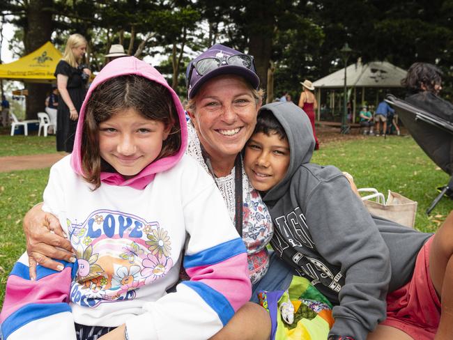 Dezley Wolf with Anne-Marie (left) and Dean at the Toowoomba Australia Day celebrations at Picnic Point, Sunday, January 26, 2025. Picture: Kevin Farmer