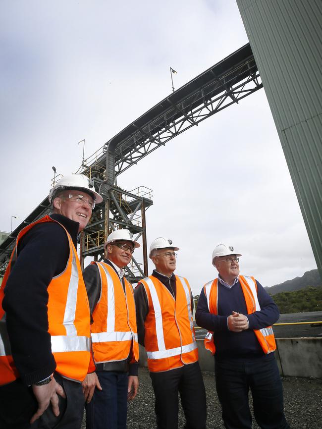 Tasmanian Premier Will Hodgman, Avebury nickel mine CEO Geoff Summers, Prime Minister Malcolm Turnbull, and Liberal candidate for Braddon Brett Whiteley at the announcement of the reopening of the Zeehan mine. Picture: CHRIS KIDD