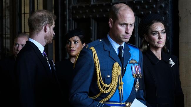 Prince Harry, Meghan, Prince William and Catherine leave after a service for the reception of Queen Elizabeth II's coffin at Westminster Hall in September 2022. Picture: AFP