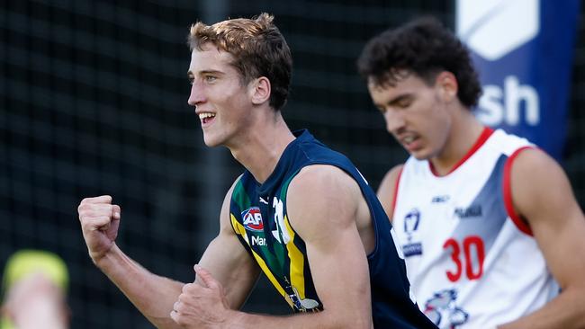 MELBOURNE, AUSTRALIA - APRIL 13: Jack Whitlock of the AFL Academy celebrates during the 2024 AFL Academy match between the Marsh AFL National Academy Boys and Coburg Lions at Ikon Park on April 13, 2024 in Melbourne, Australia. (Photo by Michael Willson/AFL Photos via Getty Images)