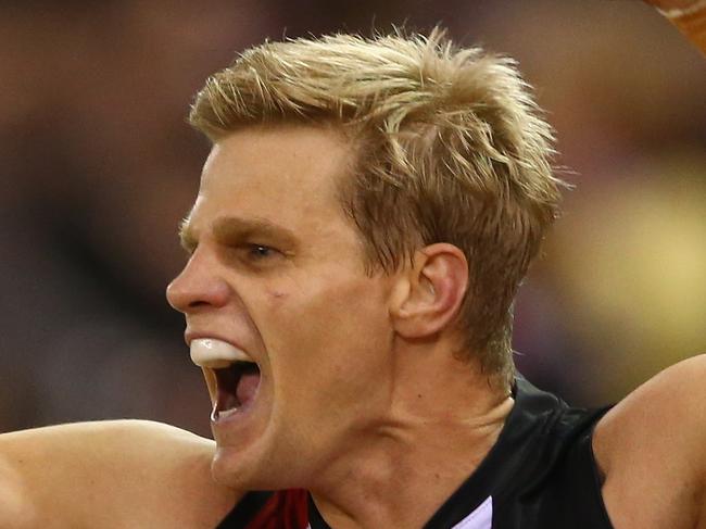 MELBOURNE, AUSTRALIA - JUNE 14: Nick Riewoldt of the Saints celebrates on the final siren after the Saints defeated the Demons during the round 11 AFL match between the St Kilda Saints and the Melbourne Demons at Etihad Stadium on June 14, 2015 in Melbourne, Australia. (Photo by Robert Cianflone/Getty Images)