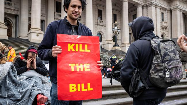 Protesters camp out at the state Parliament of Victoria to protest a Covid-19 pandemic Bill. Picture: Jake Nowakowski