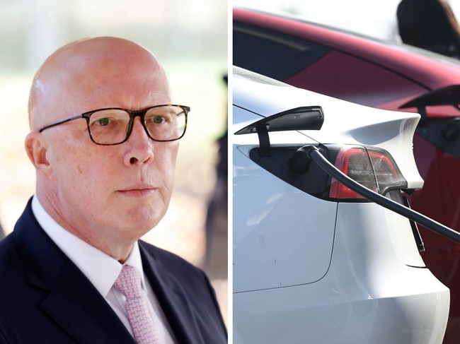 Peter Dutton and Tesla EV charging split art.