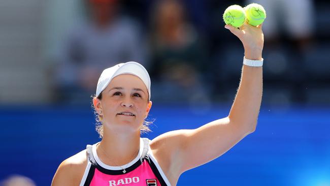 Ash Barty celebrates her win in her Women's Singles first round match against Zarina Diyas of Kazakhstan during day one of the 2019 US Open at the USTA Billie Jean King National Tennis Centre.