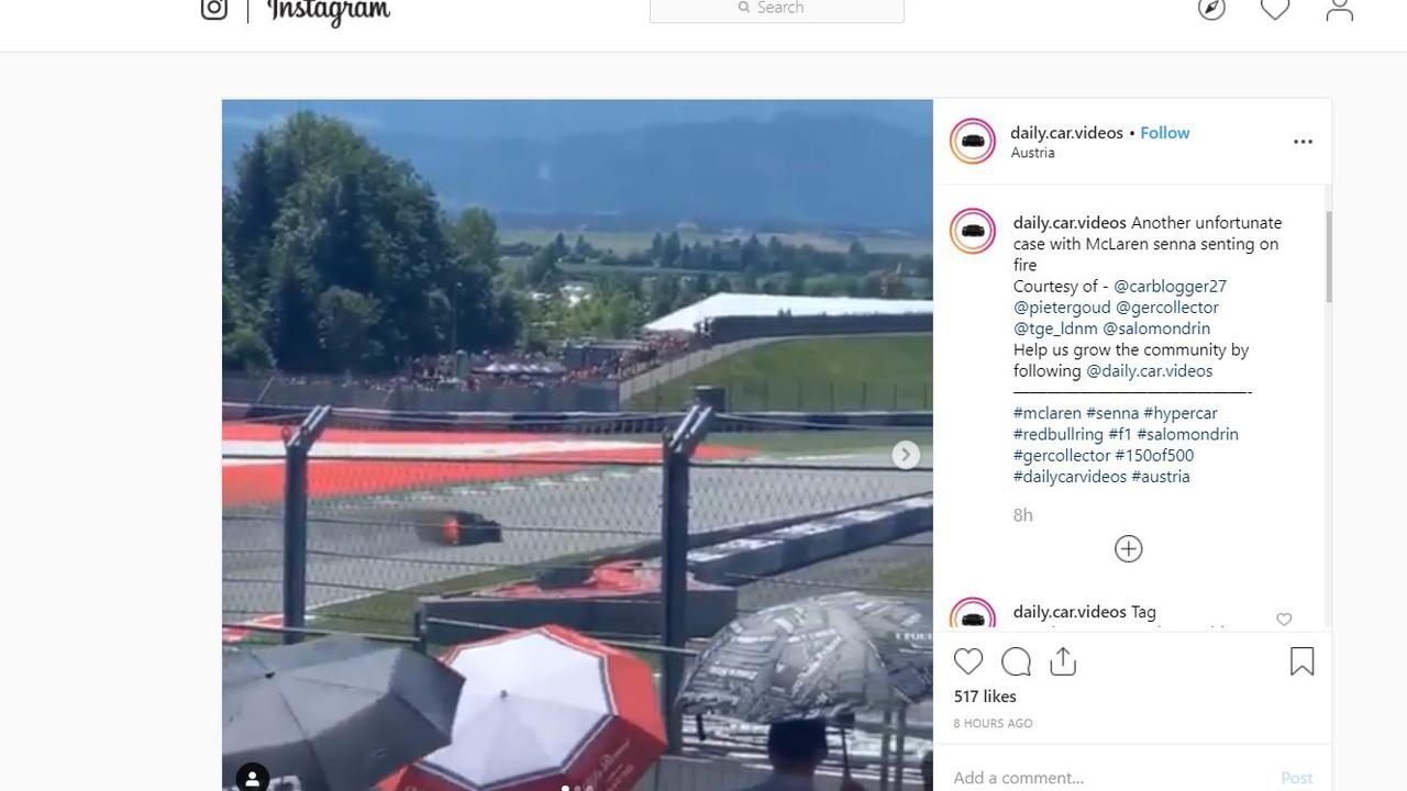 A McLaren Senna caught fire at the 2019 Austrian Grand Prix. Picture: Instagram