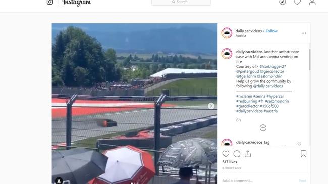 A McLaren Senna caught fire at the 2019 Austrian Grand Prix. Picture: Instagram