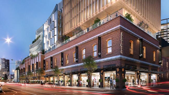 A rooftop bar, hotel, luxury apartments and a giant entertainment and retail precinct will be at the centre of the drastically renovated Jam Factory, it was revealed last year. An artist's impression of the reimagined site. Picture: Supplied.