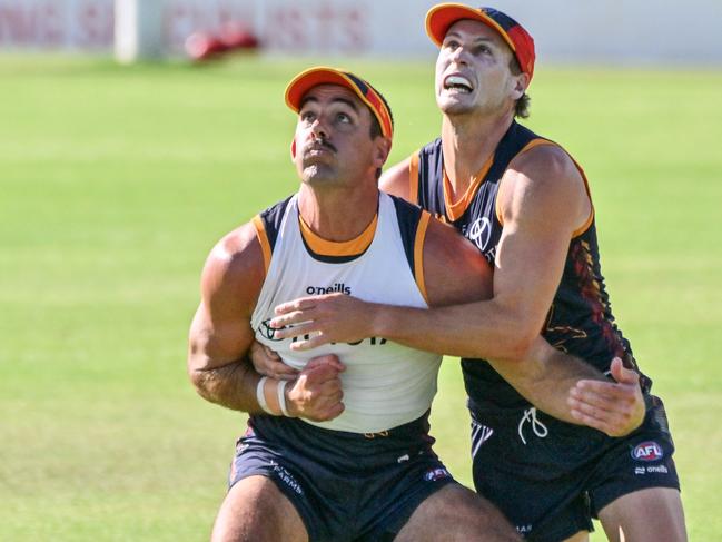 Taylor Walker tussles with his skipper. Picture: Brenton Edwards