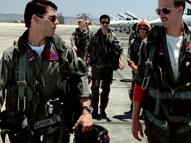 Tom Cruise as Maverick (l) and Anthony Edwards as Goose (r) in scene from 1986 film Top Gun. Picture: Supplied