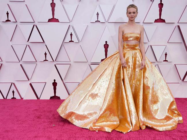 Best Actress nominee Carey Mulligan in Valentino. Picture: AFP