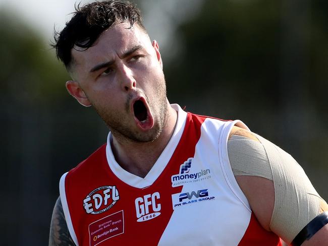 Lachlan Ronaldson of Glenroy celebrates a goal during the EDFL footy: Airport West v Glenroy played at Airport West on Saturday 4th May, 2019.