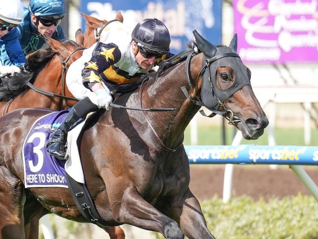 Here To Shock (NZ) ridden by Daniel Stackhouse wins the The Sportsbet Supernova at Sportsbet Pakenham on December 21, 2024 in Pakenham, Australia. (Photo by Scott Barbour/Racing Photos via Getty Images)