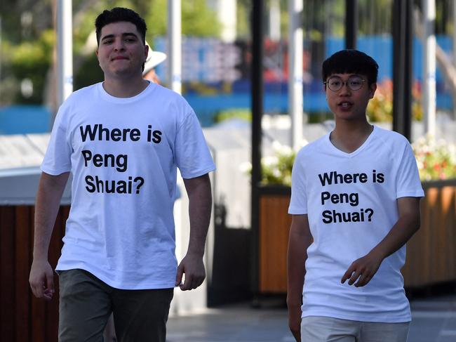 Australian human rights campaigner Drew Pavlou (L) is pictured wearing a ‘Where is Peng Shuai?’ T-shirt. Picture: Paul Crock