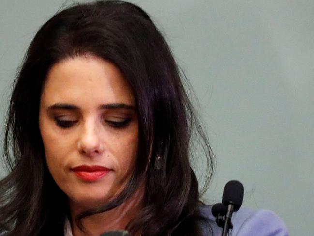 CORRECTION - Israeli Education Minister Naftali Bennett (L) and Justice Minister Ayelet Shaked (R) are seen together as they give a statement at the Knesset in Jerusalem on November 19, 2018. - The far-right Jewish Home Party's Education Minister Naftali Bennett said he would not quit Prime Minister Benjamin Netanyahu's coalition government for now despite sharp disagreements, making snap polls less likely. (Photo by Thomas COEX / AFP) / “The erroneous mention[s] appearing in the metadata of this photo by Thomas COEX has been modified in AFP systems in the following manner: [November 19] instead of [November 18]. Please immediately remove the erroneous mention[s] from all your online services and delete it (them) from your servers. If you have been authorized by AFP to distribute it (them) to third parties, please ensure that the same actions are carried out by them. Failure to promptly comply with these instructions will entail liability on your part for any continued or post notification usage. Therefore we thank you very much for all your attention and prompt action. We are sorry for the inconvenience this notification may cause and remain at your disposal for any further information you may require.”