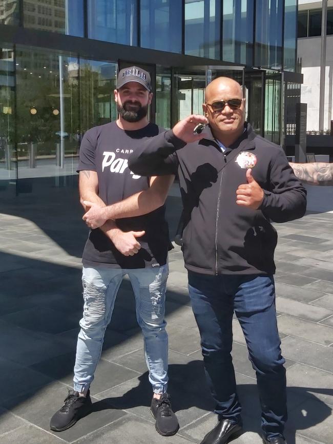 Comanchero Canberra president Pitasoni Ulavalu (right) with gang nominee Jaymie Turner (left) after being acquitted of affray earlier this year.