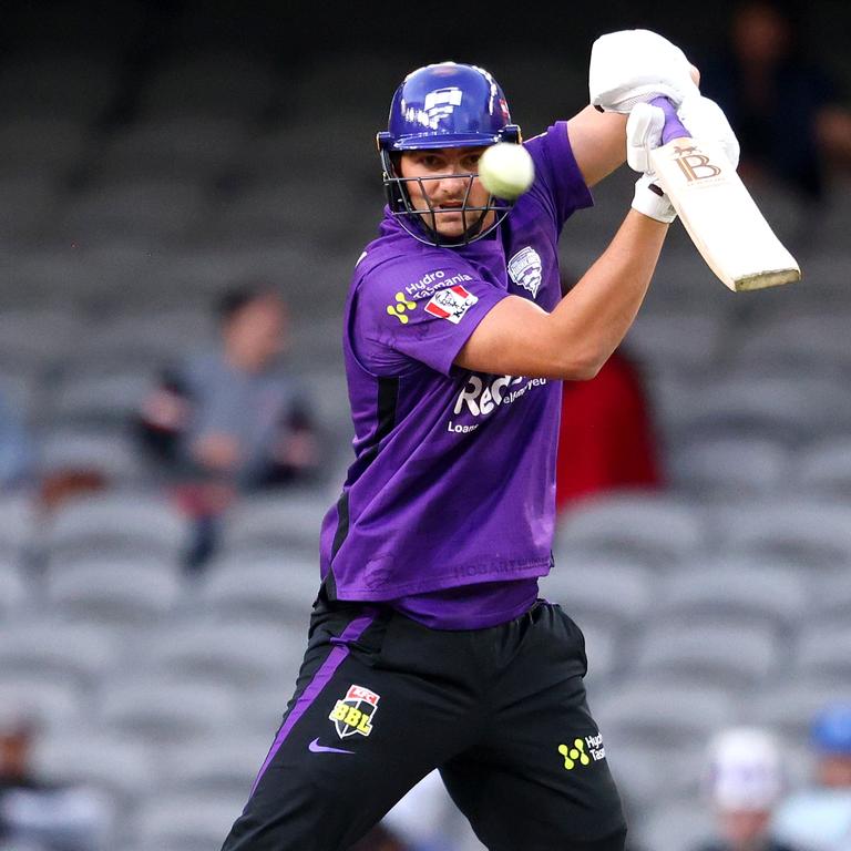 MELBOURNE, AUSTRALIA – JANUARY 18: Tim David of the Hurricanes bats during the Men's Big Bash League match between the Hobart Hurricanes and the Melbourne Renegades at Marvel Stadium, on January 18, 2022, in Melbourne, Australia. (Photo by Jonathan DiMaggio/Getty Images)