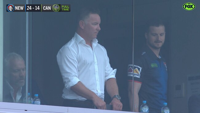 Newcastle coach Adam O'Brien with his life coach, Cody Royle, in the coach's box during the Knights' round four clash with Canberra. Picture: Fox Sports.