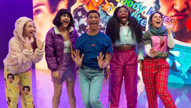 Sharon Millerchip, Ayesha Madon, James Majoos, Chika Ikogwe, Kimberley Hodgson in the Queensland Theatre Company performance of Fangirls. Picture: Stephen Henry