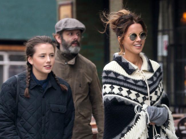 Beckinsale swith ex Michael Sheen and daughter Lily. She counts her ex-partner as one of her closest friends. Picture: Splash