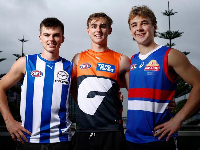 Colby McKercher, James Leake and Ryley Sanders after the 2023 draft. Picture: Getty Images