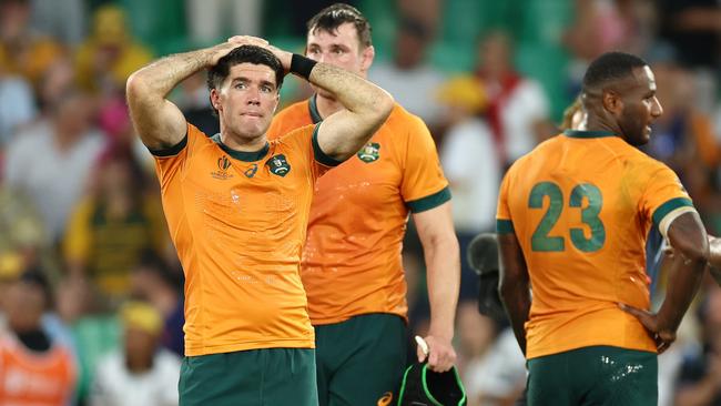 SAINT-ETIENNE, FRANCE - SEPTEMBER 17: Ben Donaldson of Australia looks dejected at full-time following the Rugby World Cup France 2023 match between Australia and Fiji at Stade Geoffroy-Guichard on September 17, 2023 in Saint-Etienne, France. (Photo by Chris Hyde/Getty Images)