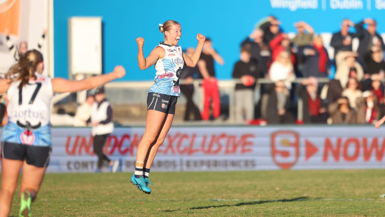 South Adelaide’s Mel Anderson jumps for joy after kicking a goal against Norwood in this year’s SANFLW grand final. Picture: Cory Sutton/SANFL