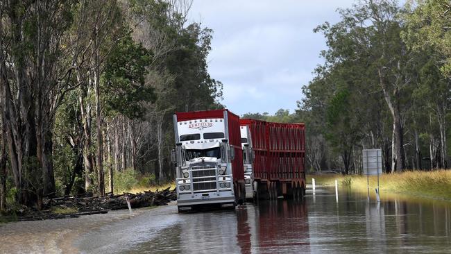 A pair of trucks are seen stuck on a flooded road near the overflowing Richmond river in the outskirts of Lismore, New South Wales in March 2022. Photo: Saeed Khan/AAP.