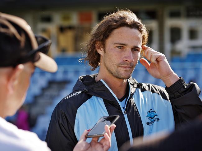 Nicho Hynes talks to the media at PointsBet Stadium ahead of their semi-final clash against the Cowboys this weekend. Picture: Sam Ruttyn