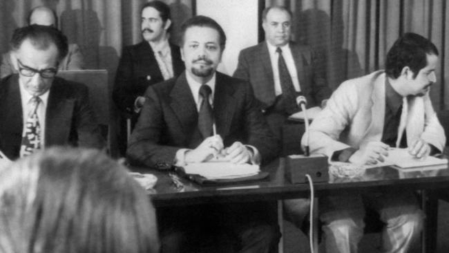 Sheik Ahmed Zaki Yamani, second from left, during the 1973 OPEC negotiations in Vienna with representatives of Western petrol firms. Picture: AFP