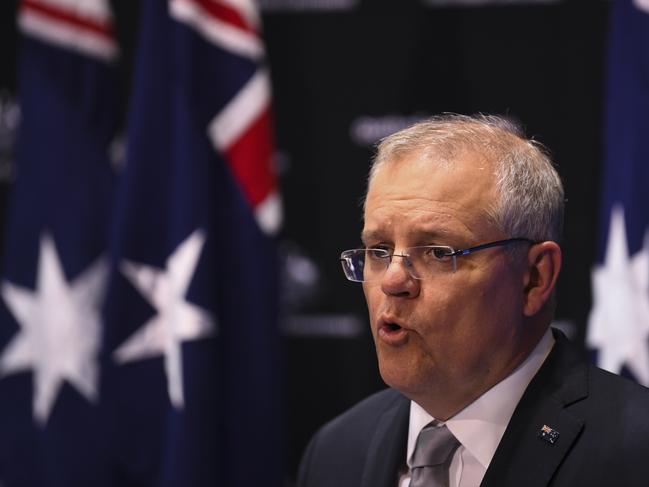 Australian Prime Minister Scott Morrison speaks to the media during a press conference at Parliament House in Canberra, Thursday, April 16, 2020. (AAP Image/Lukas Coch) NO ARCHIVING