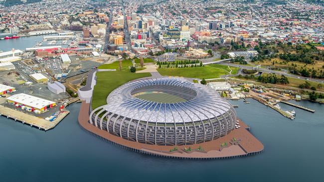 Concept drawings of a new design for a Macquarie Point Stadium by the Stadia Precinct Consortia led by Dean Coleman and Paul Lennon. Picture: SolutionsWon