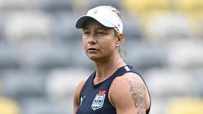 TOWNSVILLE, AUSTRALIA - JUNE 26: Blues coach Kylie Hilder looks on during a New South Wales Sky Blues Women's State of Origin captain's run at Queensland Country Bank Stadium on June 26, 2024 in Townsville, Australia. (Photo by Ian Hitchcock/Getty Images)