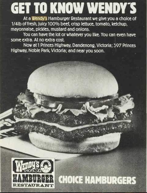 Picture of Wendy's Hamburger Restaurant flyer in the 1970s in Victoria. Picture: Supplied