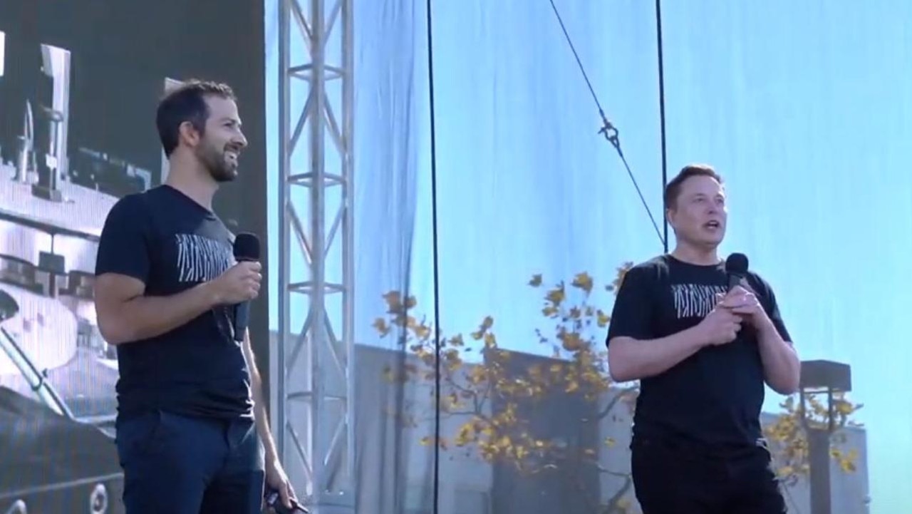 (L-R): Tesla senior vice president of powertrain and energy engineering Drew Baglino and Elon Musk at Tesla's Battery Day announcement last year.