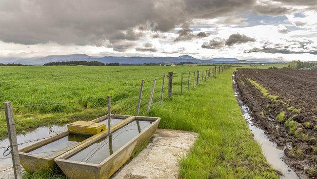 This is the trough in a Tasmanian field which was close to where Darren Hopkins’ burning plane landed in 2018. He used it to douse himself with water to extinguish flames on his body. Picture: Rob Burnett