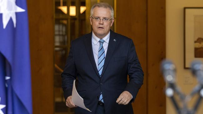 Scott Morrison arrives to give his first press conference in the Prime Minister's Courtyard. Picture: Sean Davey.